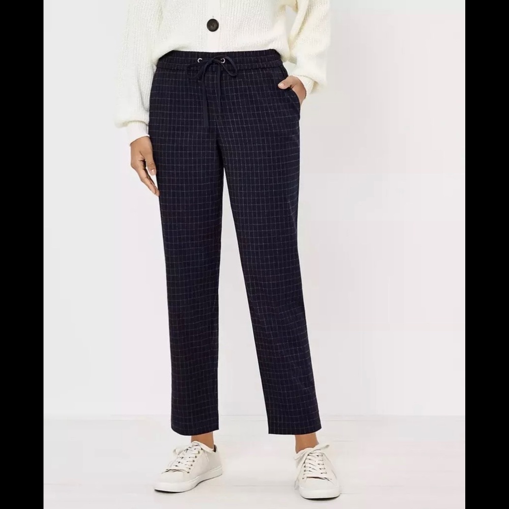 NWT LOFT Tapered Pull On Pants in Windowpane Brushed Flannel